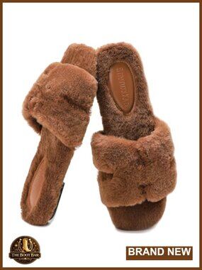 Women's Fuzzy Faux Fur Open Toe Slide Slippers Memory Foam Indoor Outdoor